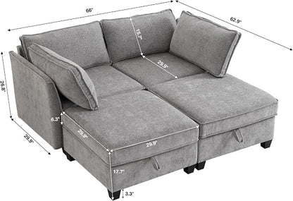 ORRD Sleeper Modular Sectional Sofa Set, Convertible Couch Bed with Storage, 4 Seater and 2 Armrestes Sofa Modular for Living Room, Office (Grey)
