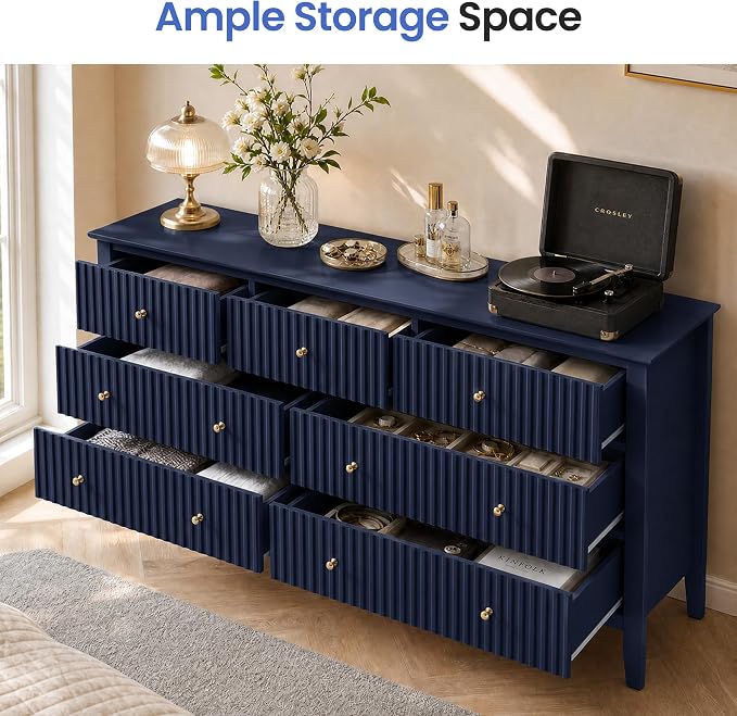 RoyalCraft 7 Drawer Dresser for Bedroom, 53" Wide Modern Wooden Chest of Drawers with Metal Handles, Painted Surface, Sturdy and Stable Storage Cabinet for Living Room, Blue
