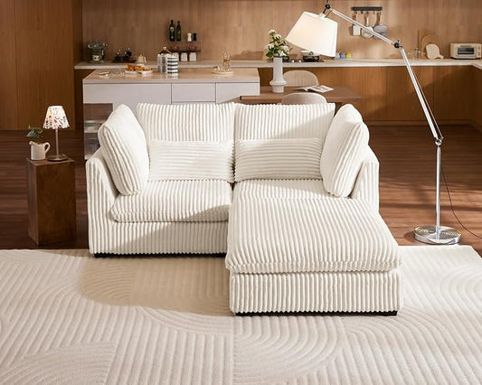 77" Oversized Corduroy Couch Modular Sectional Sofa, Washable Cloud Couch Sectional with Ottoman, 3 Seater Sectional Couches for Living Room, Fully Cover Removable, L Shaped, Corduroy, White