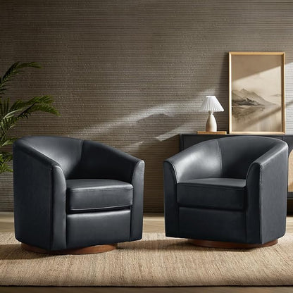 HULALA HOME Genuine Leather Swivel Barrel Chairs Set of 2, Round Swivel Accent Chairs with Solid Wood Base, Leather Barrel Accent Chair for Living Room, No Assembly Required, Navy