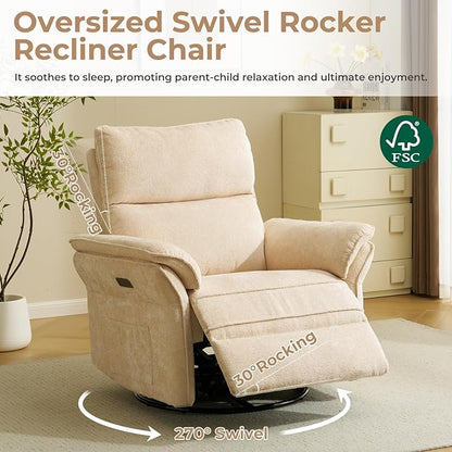Oversized Power Recliner Chair Swivel Glider with Massage and Heat, Rocker Nursery Recliner for Adults with Adjustable Headrest, 26" Extra Wide Nursery Chair with Overstuffed Armrest,Beige