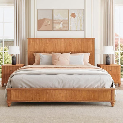 3-Pieces Bedroom Sets, King Size Platform Bed with 2 Nightstands, Solid Wood Platform Bed Frame with Tall Headboard and Classic American Turned Legs (Natural, King)