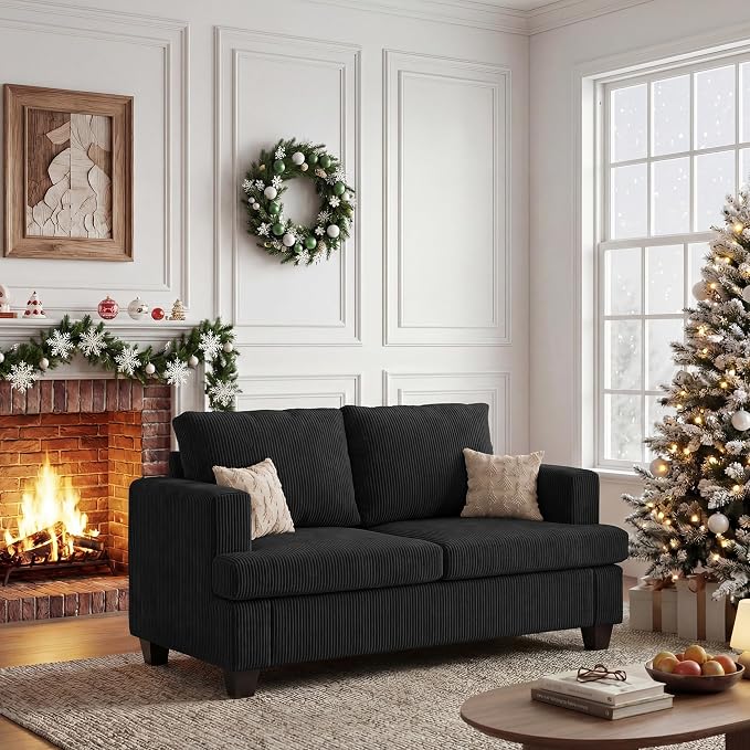 Apicizon 63" Loveseat Sofa Couch, Cloud Couch Lounge Sofa with 2 Cushion for Bedroom, Corduroy Lounge Sofa for Living Room Aparment, Dark Grey