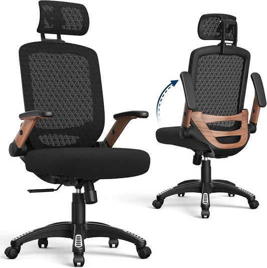 GABRYLLY Ergonomic Office Chair, High Back Home Desk Chair with Flip-Up Arms, 3D Headrest, Thick Sponge Seat &90-120° Recline, Big and Tall Mesh Executive Chairs for Man Woman, Black Woodgrain