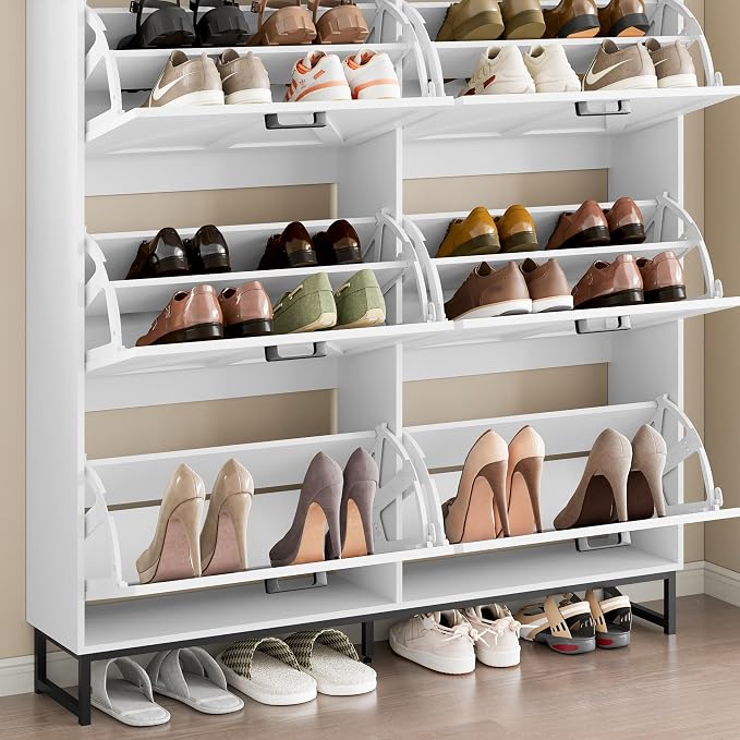 BORNOON Shoe Cabinet with 6 Flip Drawers Narrow Shoe Storage Cabinet Organizer Wooden Freestanding Shoe Rack Hidden Slim Shoes Storage Cabinet for Entryway, Hallway, Living Room, Bedroom