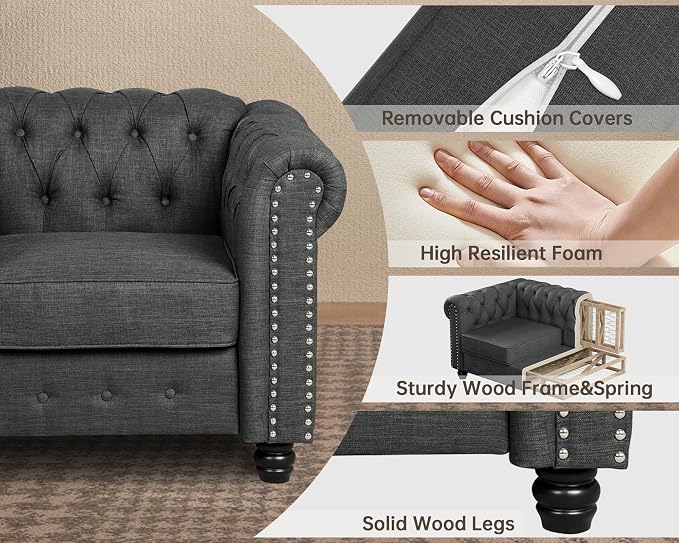 Morden Fort Classic Chesterfield Sofa Set 82'', Tufted Sofa for Couch Set with Solid Wood Legs Thick Cushion, Pet-Friendly Deep Seat Sofas Couches for Living Room Bedroom Apartment - Linen Grey
