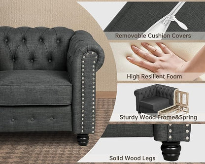 Morden Fort 2 Piece Classic Chesterfield 4-Seater Set, Tufted Chair & Sofa Furniture Solid Wood Legs Thick Cushion, Pet-Friendly Couch Set for Living Room Bedroom Apartment, Linen Grey