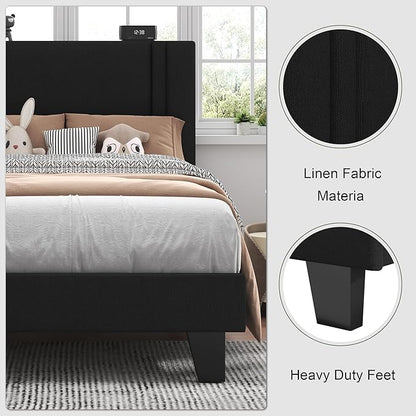 Feonase Twin Platform Bed Frame, Velvet Upholstered Twin Bed Frame, Solid Wood Slats & Heavy Duty Feet Support, No Box Spring Needed, Noise-Free, Easy Assembly, Black