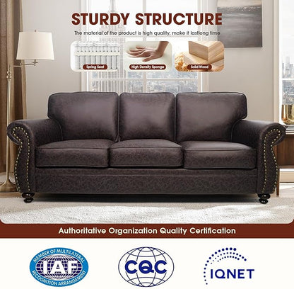 Couchus Mid-Century Vintage Sofa Couches with Rivet Design,3-Seater Sofa,Removable Sofa Cover Upholstered Cushions and Solid Wood Frame (Brown, 3-Seater)