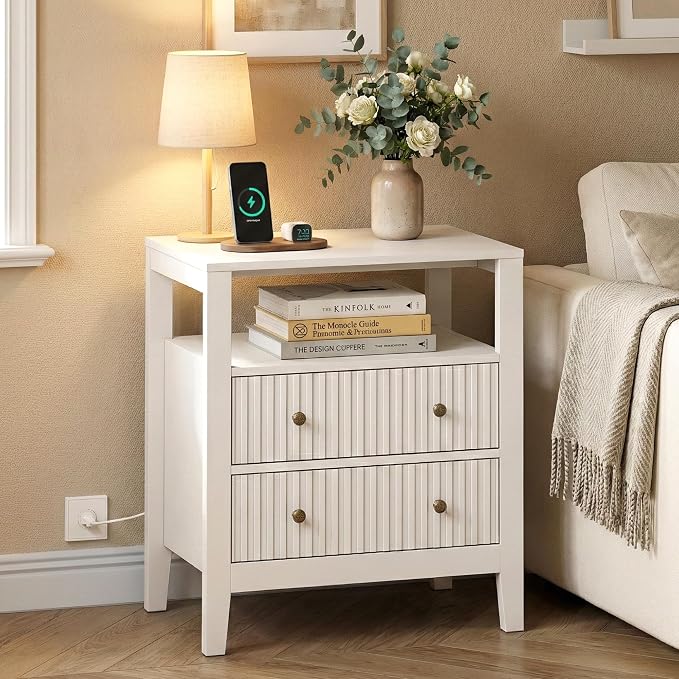 RoyalCraft White Nightstand Set of 2, Fluted Night Stand with Charging Station, Modern Bedside Table with 2 Drawers and Open Shelf, Wood End Table for Bedroom, Hallway