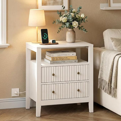 RoyalCraft White Nightstand Set of 2, Fluted Night Stand with Charging Station, Modern Bedside Table with 2 Drawers and Open Shelf, Wood End Table for Bedroom, Hallway