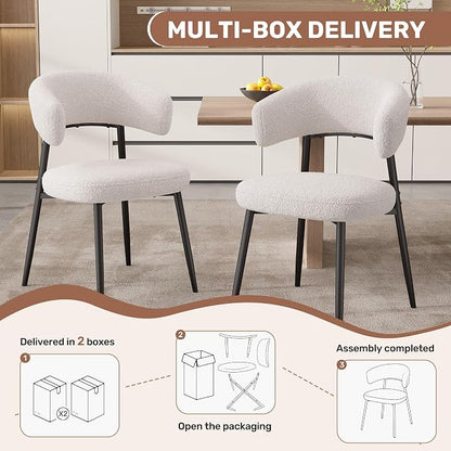 Dining Chairs Set of 4, Boucle Upholstered Dining Room Chair with Curved Backrest & Metal Legs, Mid Century Modern Round Kitchen Chairs, White
