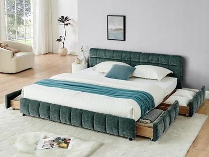 KEIKI King Thick Chenille Bed Frame with 4 Storage Drawer & Upholstered Tufted Headboard, Modern Solid Wood Floor Platform for Bedroom, No Box Spring Needed