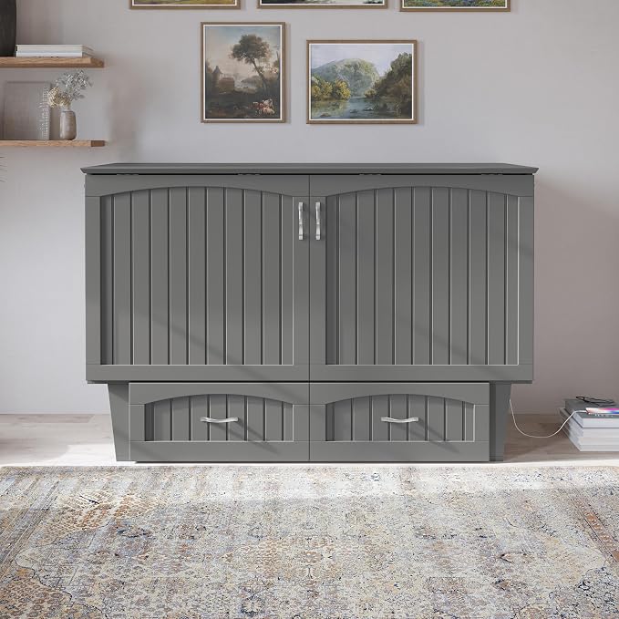 AFI, Nantucket Queen Murphy Bed Chest with Mattress, Storage Drawer and Built-In USB Charger, Grey