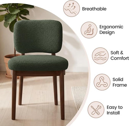 Wooden Dining Chairs Set of 2, Boucle Upholstered Kitchen Chairs with Solid Wood Legs, Mid Century Modern Dining Chairs, Farmhouse Side Chair with Hardwood Frame for Dining Room, Green