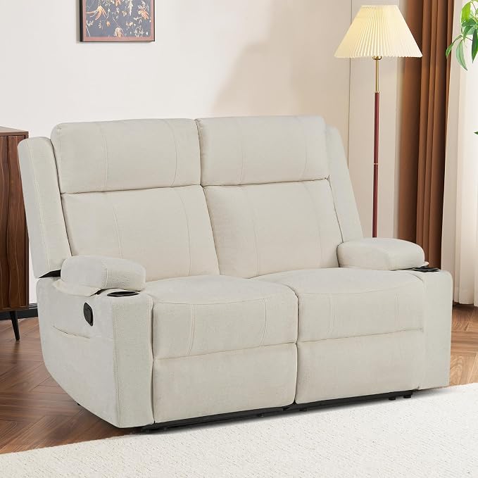 GUEAPY 55" Loveseat Reclining Sofa with Cup Holders – Manual Double Reclining Sofa for Aprtment & Small Spaces, Chenille Fabric Reclinig Couch with Wide Armrests & Side Storage for Livingroom Beige