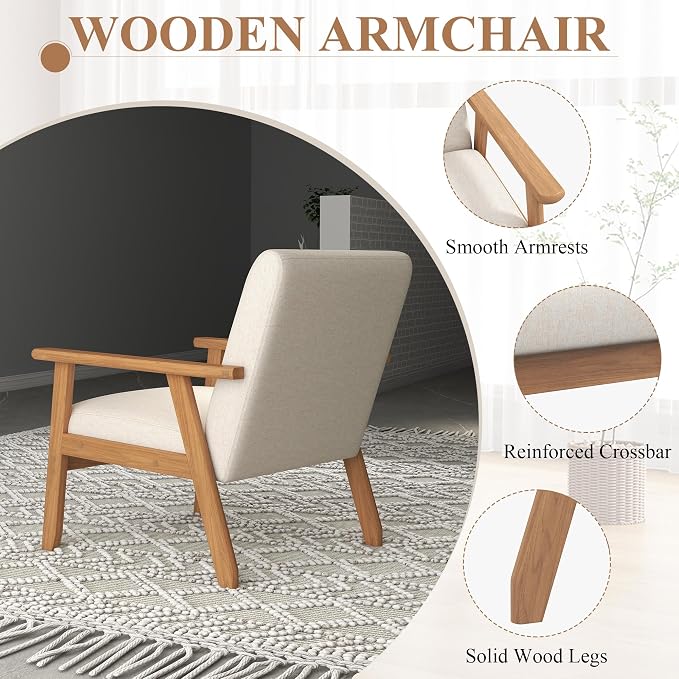 Mid-Century Accent Chairs Set of 2, Solid Wood for Living Room, Beige Linen | Relaxing Arm Chair with Soft Thicken Cushion, Comfy Reading Chair for Bedroom, Balcony, Natural Legs, Easy to Setup