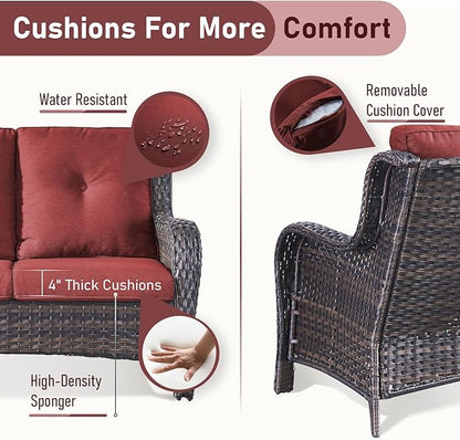 Outdoor Loveseat Sofa-2 Seater Rattan Wicker Patio Couch High Back Patio Sofa for Porch Deck Backyard-Brown/Red