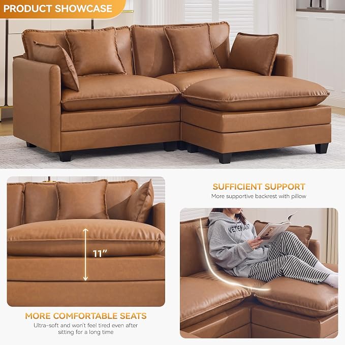 76'' Cloud Deep Seat Loveseat Sofa, Upholstered Leather Modular 2-Seats Sectional Sofa Couch with Movable Ottoman, Modern Comfy Settee Loveseat for Living Room Set, Small Apartment,Leather Light Brown