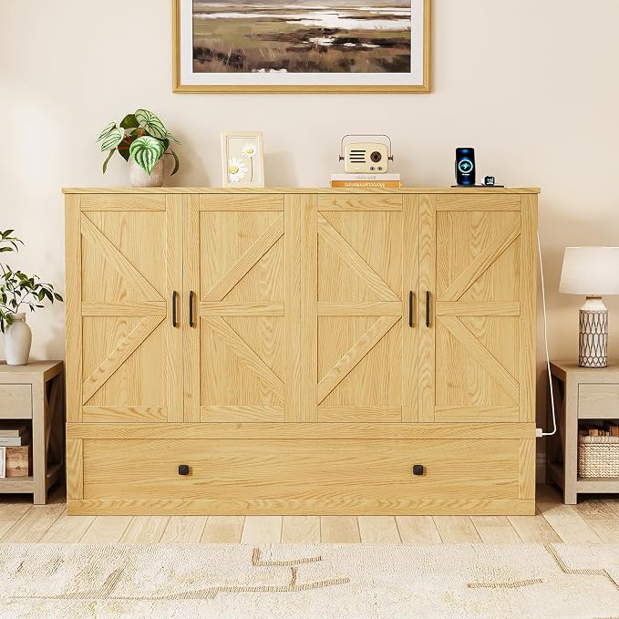 LIVAUVEAD Murphy Bed Queen with Storage & Charging Station, Murphy Cabinet with Foldable Panel, Noisy Free, for Guest Bedroom, Living Room, Office, Distressed,Natural