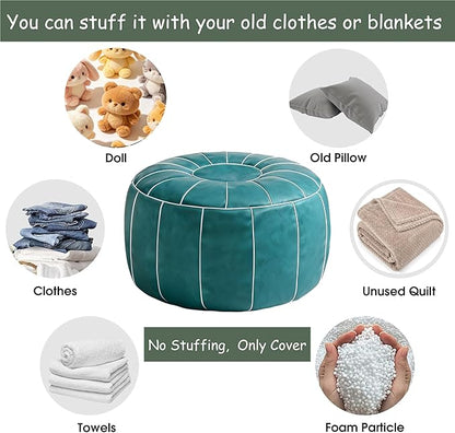 Thgonwid Unstuffed Moroccan Storage Pouf Foot Stool Ottoman Seat Handmade Faux Leather Bean Bag Floor Chair Foot Rest for Living Room, Bedroom or Balcony (Teal Blue)