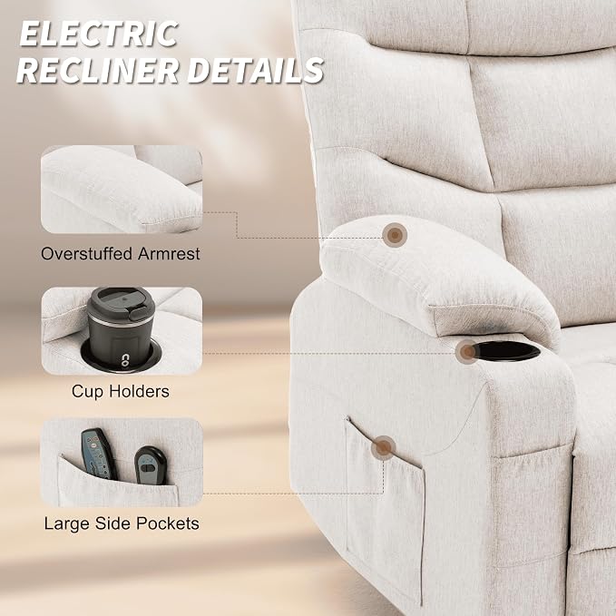 Korser Power Recliner Chair with Massage and Heating, Power Lift Recliner Chair for Elderly and Adults, Electric Recliner with Remote Control and Cup Holders for Living Room, Linen Fabric