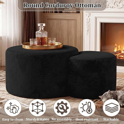 BSHOMGI Boneless Ottoman Nesting Coffee Table Set of 2,Corduroy Soft Foot Rest Movable Large Pouf Footstool for Living Room Sofa Couch Bedroom Entryway and Small Spaces No Assembly (Black)