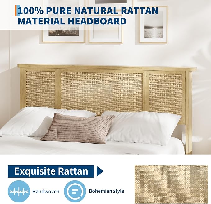 IDEALHOUSE Queen Bed Frame with Natural Rattan Headboard, Slats, Bohemian-Style Cane Mattress Support, Strong Metal Base with Resilient Wooden, No Box Spring Needed