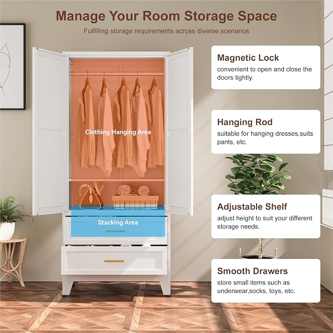 YAUWOH Farmhouse Wardrobe Cabinet with 2 Drawers,Metal Wardrobe Closet with Hanging Rod,Metal Armoire with Adjustable Shelves for Bedroom,Cloak Room,Office (White)