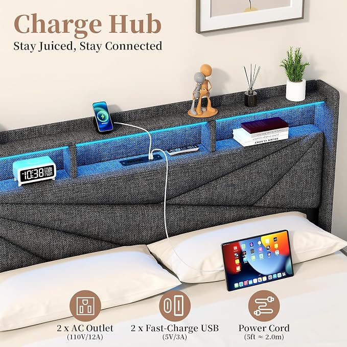 Queen Bed Frame with Storage Headboard, Upholstered Queen Size Bed Frame with LED Lights, USB Charging Station & 2 Storage Drawers, No Box Spring Needed, Dark Grey