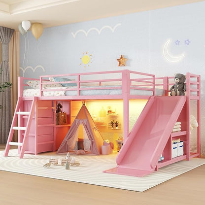 Bellemave Twin Size Loft Bed with 7 Non-Woven Fabric Drawers, Shelves and Wardrobe, Twin Loft Bed with Detachable Slide and Ladders, Low Profile Loft Beds with Lights, Noise Reduced Design Pink