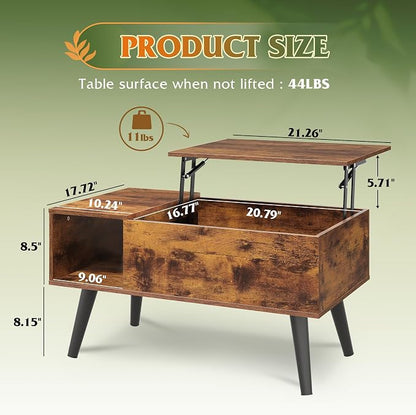 WLIVE Coffee Table for Living Room, Small Coffee Table with Storage, Lift Top Modern Wooden Dining Center Table with Storage Shelf & Hidden Compartment, 31.5" Rustic Brown