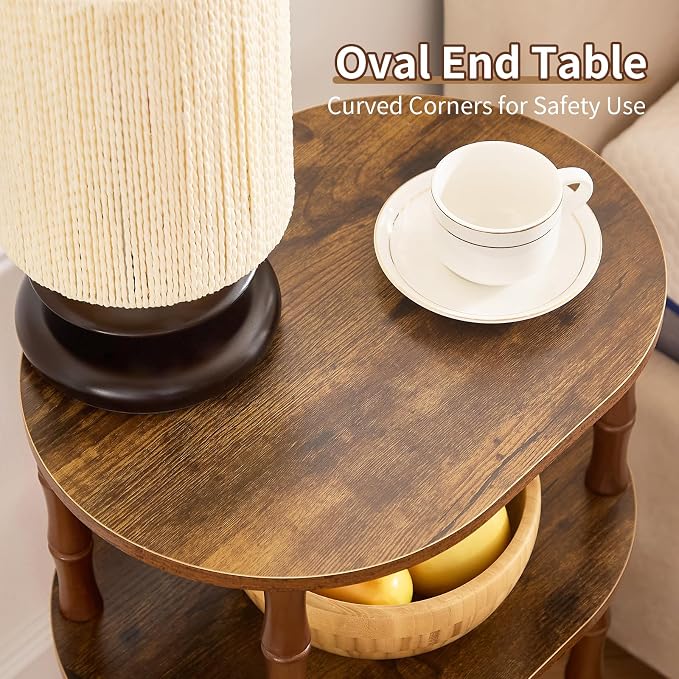 Side Table, 3-Tier Oval Accent Small End Table, Modern Oval Nightstand Accent Table for Small Space, Bedrooms, Living Room, Easy to Assemble, Rustic Brown