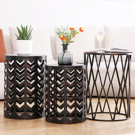 HFHOME Multifunctional Nesting Round Metal Coffee End Tables, Set of 3 Modern Nightstands Decor Side Tables Plant Stand for Home Office Indoor Garden Outdoor-Bronze