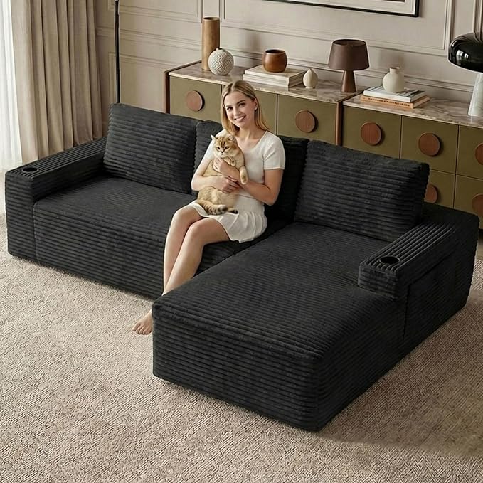 104.3" Modular Sectional Sofa,Modern Corduroy Cloud Couch with Cup Holder & Side Pockets,Boneless Couch Upholstered 4-Seater L-Shaped Sofa for Living Room,No Assembly (Black, Right-Facing Chaise) | with Cup Holder