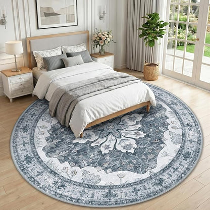 RELEANY Area Rugs Round 10ft Washable Non-Slip, Floral Vintage Distress Medallion Carpet for Living Room Bedroom Dining Room, Light Gray Grey White