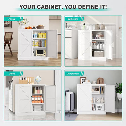 Metal Storage Cabinet with Doors & Adjustable Shelves, 36" Tall Farmhouse Pantry Cabinet, Small Sideboard for Kitchen, Dining, Living & Laundry Room, White