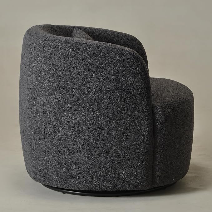 KINWELL 34" Wide Boucle Swivel Barrel Chair, No Assembly Round Upholstered Armchair Accent Chair Single Sofa Chair with Toss Pillow for Living Room and Bedroom, Dark Grey