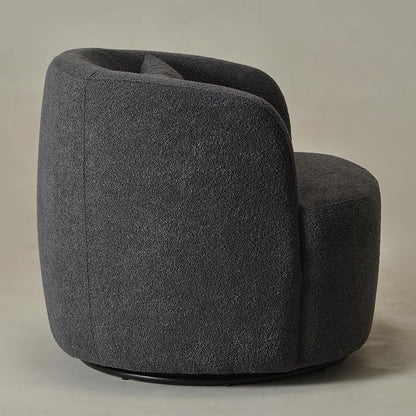 KINWELL 34" Wide Boucle Swivel Barrel Chair, No Assembly Round Upholstered Armchair Accent Chair Single Sofa Chair with Toss Pillow for Living Room and Bedroom, Dark Grey