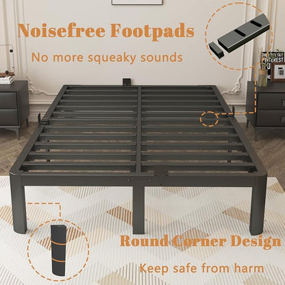 12 Inch Queen Bed Frame with Metal Gaskets, Black Bed Frame Queen Size No Box Spring Need, Heavy Duty Steel Platform Support to 3500LBS, Round Corner Design, Reserved Holes, Noiseless
