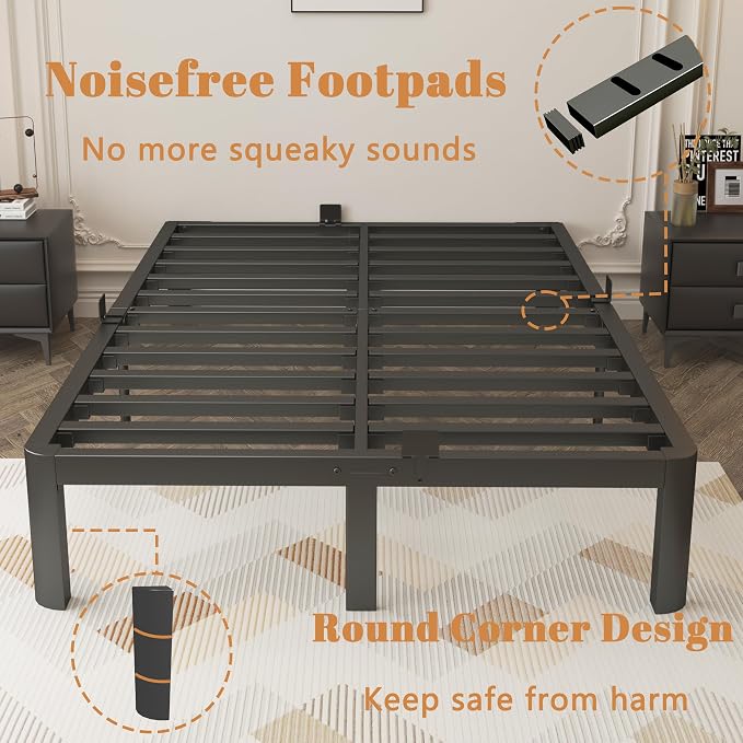 12 Inch King Size Bed Frame with Metal Gaskets, Black Bed Frame King Platform No Box Spring Needed, Heavy Duty Steel Support, Round Corner Design, Reserved Holes, Storage Space, Noiseless