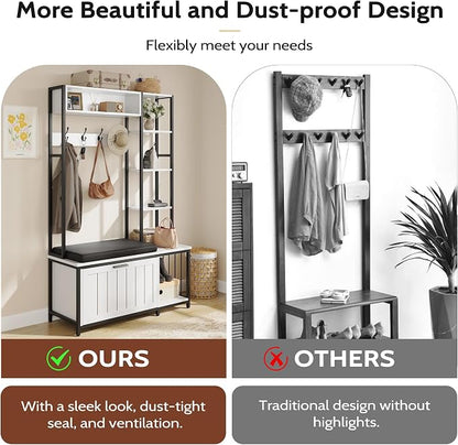 Hall Tree Coat Rack, Hall Tree With Bench and Shoe Storage Shoe With, Mud Room Storage Furniture，39.37 X 15.74 X 69.69 Inches, Rustic White