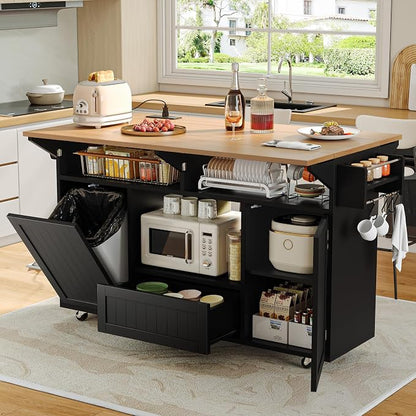 Einhomn 65" Kitchen Island with Power Outlet & Drop Leaf, Island Table for Kitchen with Trash Can Storage, Mobile Rolling Kitchen Islands on Wheels with Spice Rack, Towel Rack & 4 Side Hooks, Black