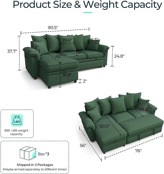 LINSY HOME 90.5'' Sectional Sleeper Sofa with Pull Out Couch Bed Modular (Green, 90.5'') | USB Charging