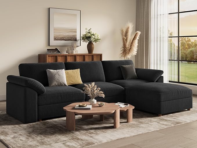 EASE MOOSE Black Modular Sectional deep Sofa, Modern Comfty Large L Shape Sectional Deep Couch with Ottoman, Oversized Modular Sofa for Living Room