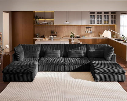 154" Oversized Corduroy Couch Modular Sectional Sofa, Washable Cloud Couch Sectional with 2 Ottoman, 6 Seater Sectional Couches for Living Room, Fully Cover Removable, U Shaped, Corduroy, Black