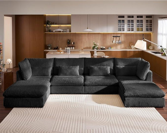 154" Oversized Corduroy Couch Modular Sectional Sofa, Washable Cloud Couch Sectional with 2 Ottoman, 6 Seater Sectional Couches for Living Room, Fully Cover Removable, U Shaped, Corduroy, Black