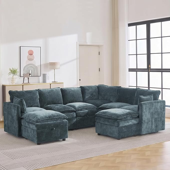 105" Blue Modular Storage Sofa, U Shaped Chenille Couch with 2 Ottomans | Oversized Convertible Sectional Sofa, 6-Seat Sectional Couch With 2 Ottomans, Large Cloud Couch For Living Room, Apartment.
