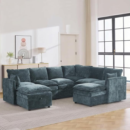 105" Blue Modular Storage Sofa, U Shaped Chenille Couch with 2 Ottomans | Oversized Convertible Sectional Sofa, 6-Seat Sectional Couch With 2 Ottomans, Large Cloud Couch For Living Room, Apartment.