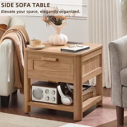 Joaxswe Farmhouse Night Stand with Charging Station, Wood Bed Side Table with Drawer & Open Storage Shelf for Bedroom, Brown